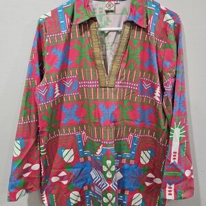 Sheridan French Geometric Tunic-Style Blouse W/ Beaded Accent, Size Medium
